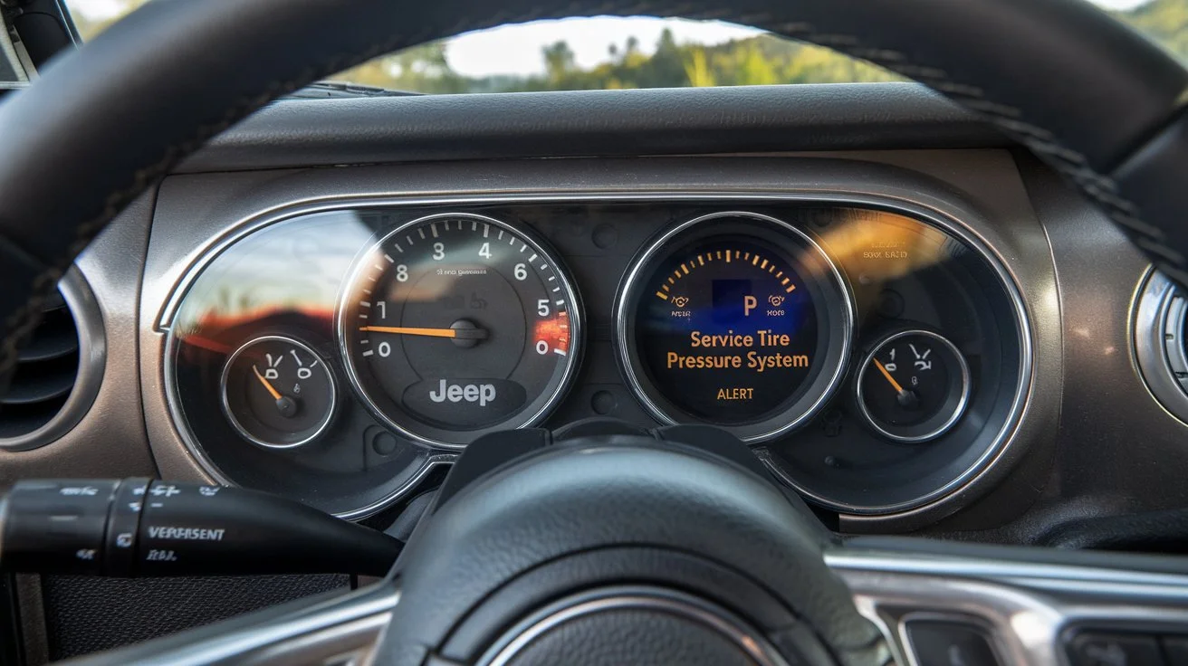 a detailed image of a Jeep dashboard displaying a 'Service Tire Pressure System' alert light.