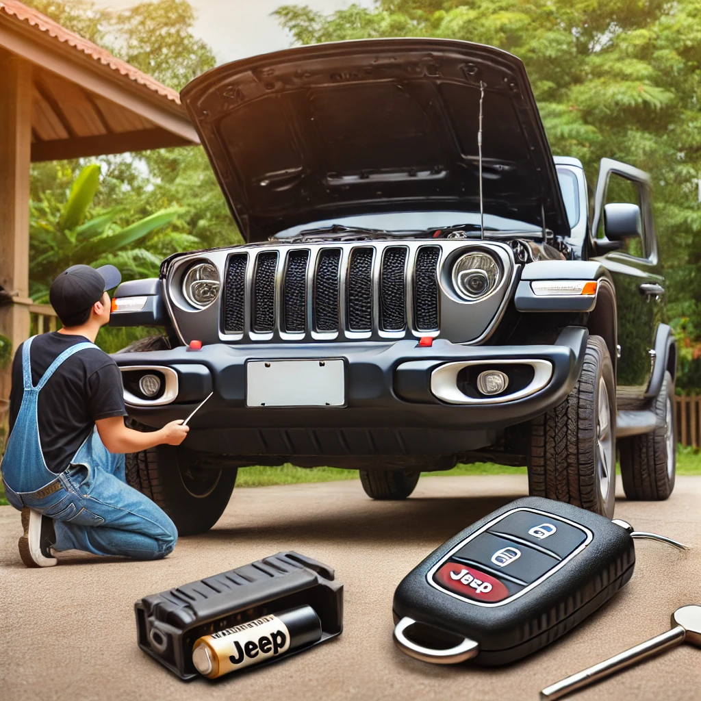 image showcasing a Jeep with its hood open, a mechanic inspecting the hood latch sensor, and a key fob nearby with a battery replacement.