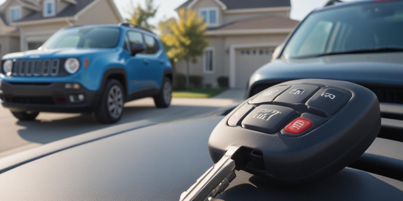 A Jeep Renegade parked in a driveway, with a close-up of a key fob