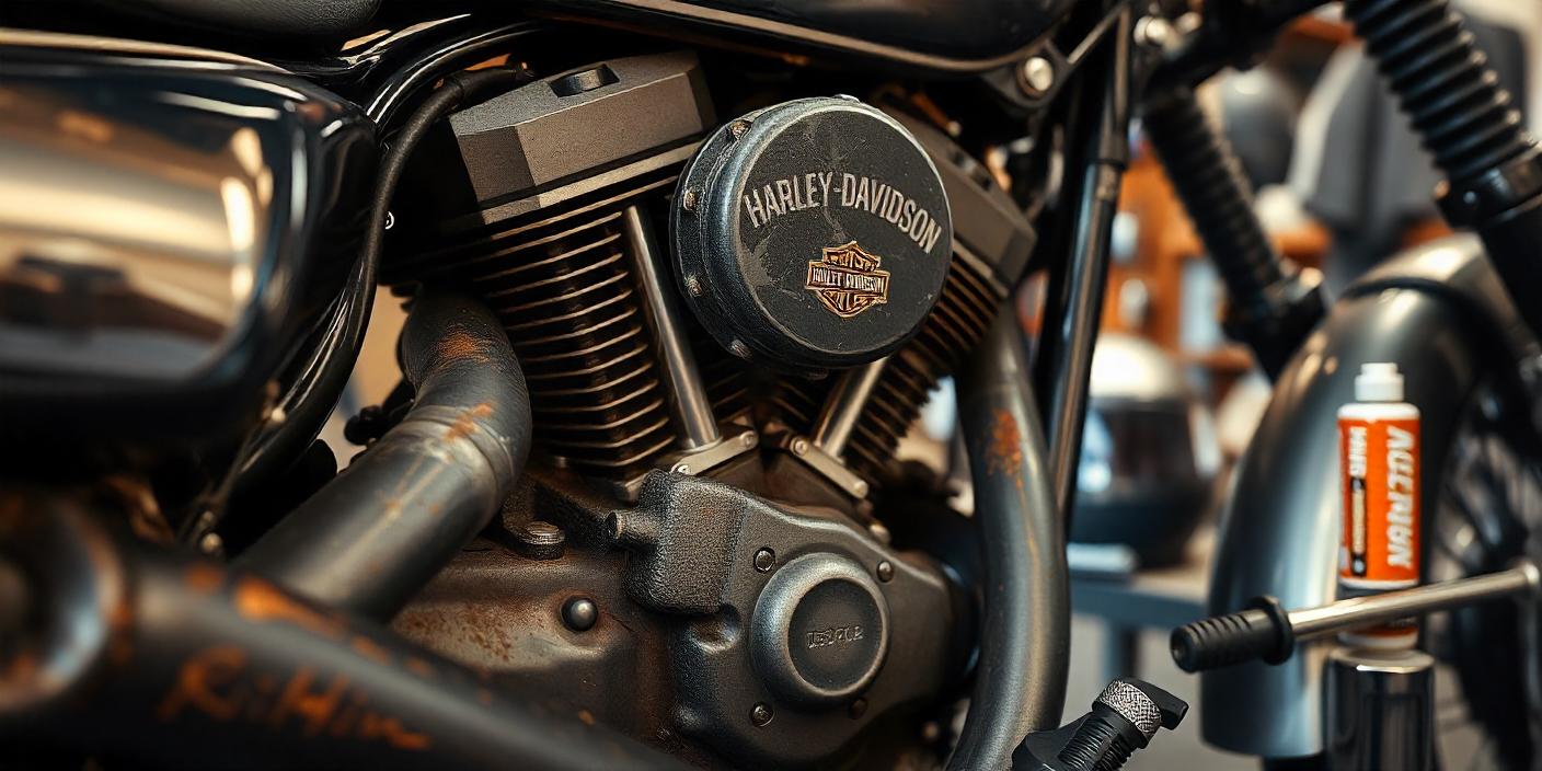 A close-up image of a Harley Davidson motorcycle engine, with slight wear