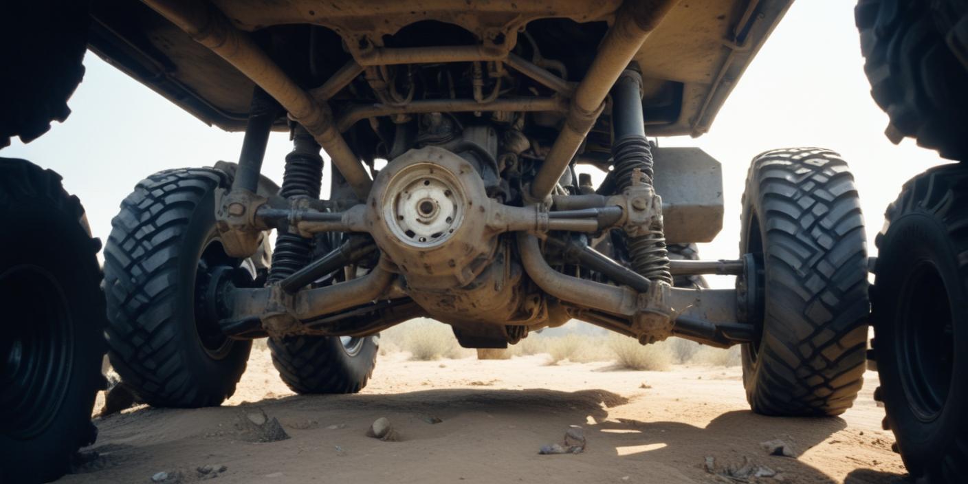 A close-up of a Can-Am Defender's front differential undercarriage
