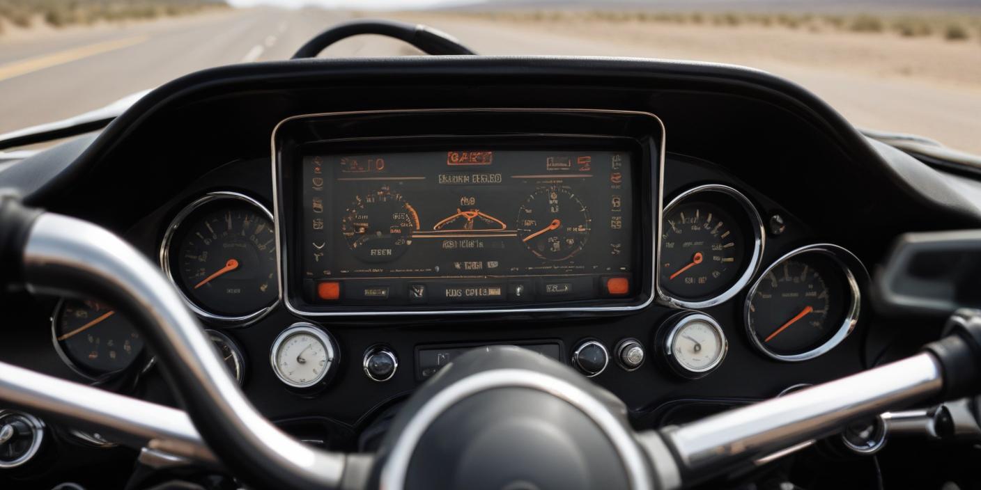 A close-up of a Harley Davidson motorcycle's dashboard with a focus on the radio display.