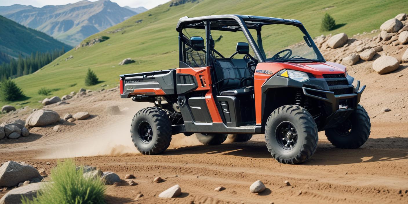 A detailed close-up image of a Polaris Ranger 900 XP in a rugged outdoor setting,