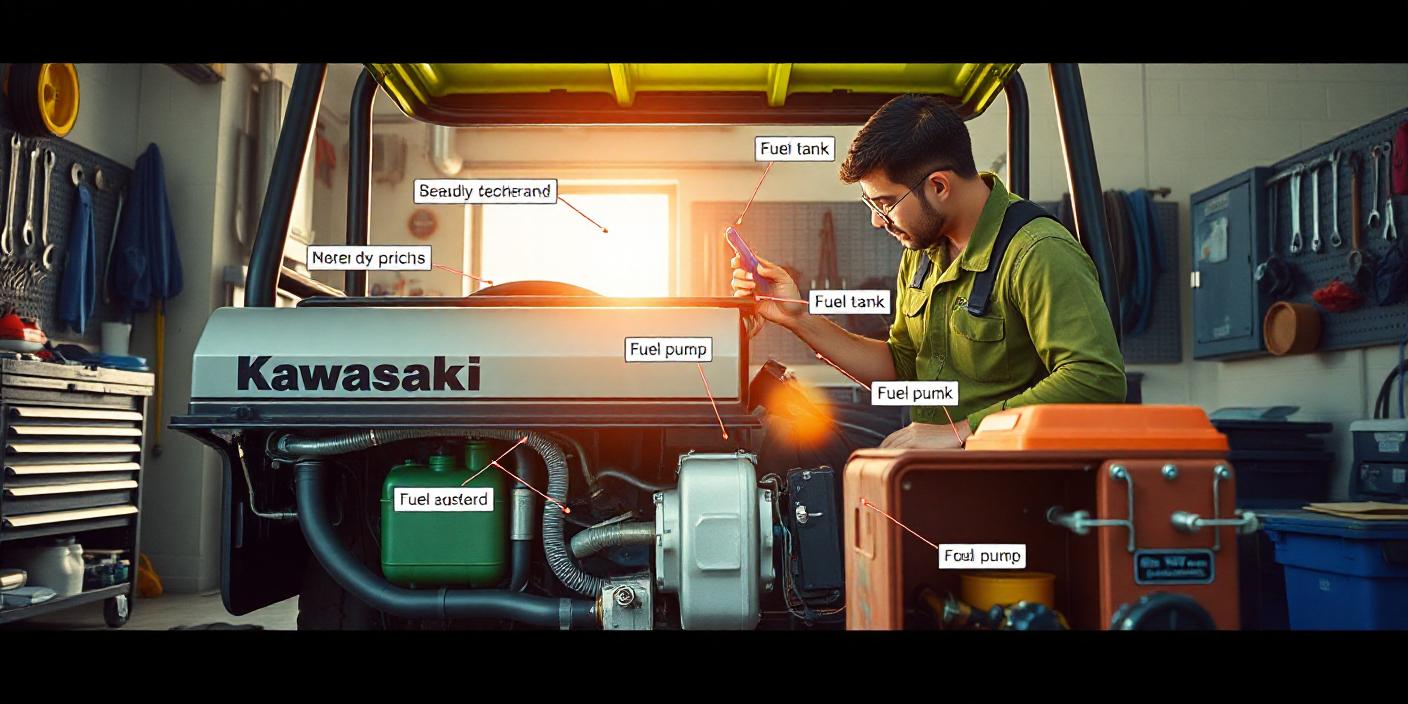 A detailed illustration showing a Kawasaki Mule in a workshop setting
