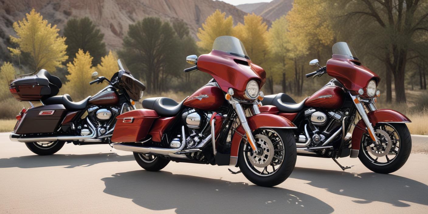 A detailed image featuring three Harley-Davidson Street Glide motorcycles from different years