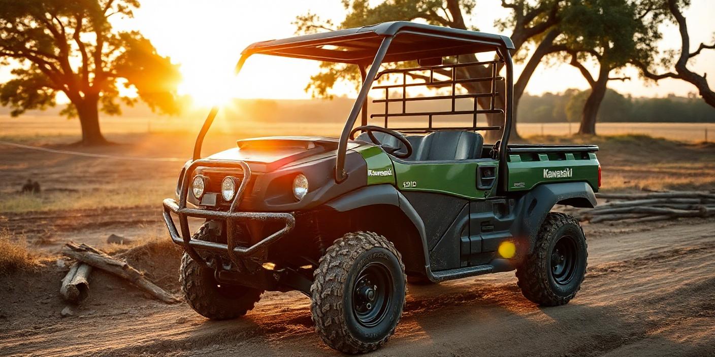 A detailed image of a Kawasaki Mule 3010 utility vehicle parked on rugged terrain