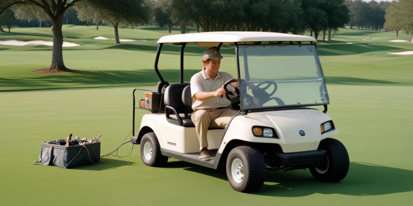 A detailed image of an electric golf cart parked on a lush green golf course