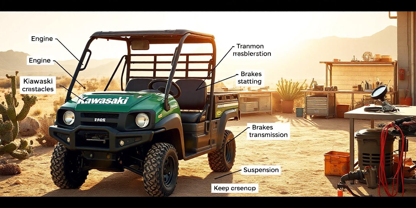 A detailed image showing a Kawasaki Mule Pro MX parked on rugged terrain