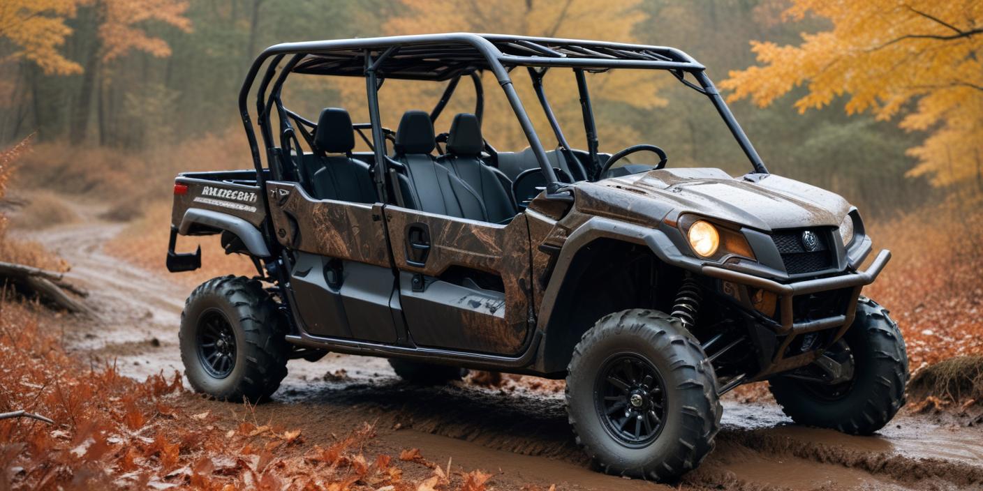 A detailed, realistic image showing a Kawasaki UTV (like the Mule or Teryx) in a rugged outdoor setting,
