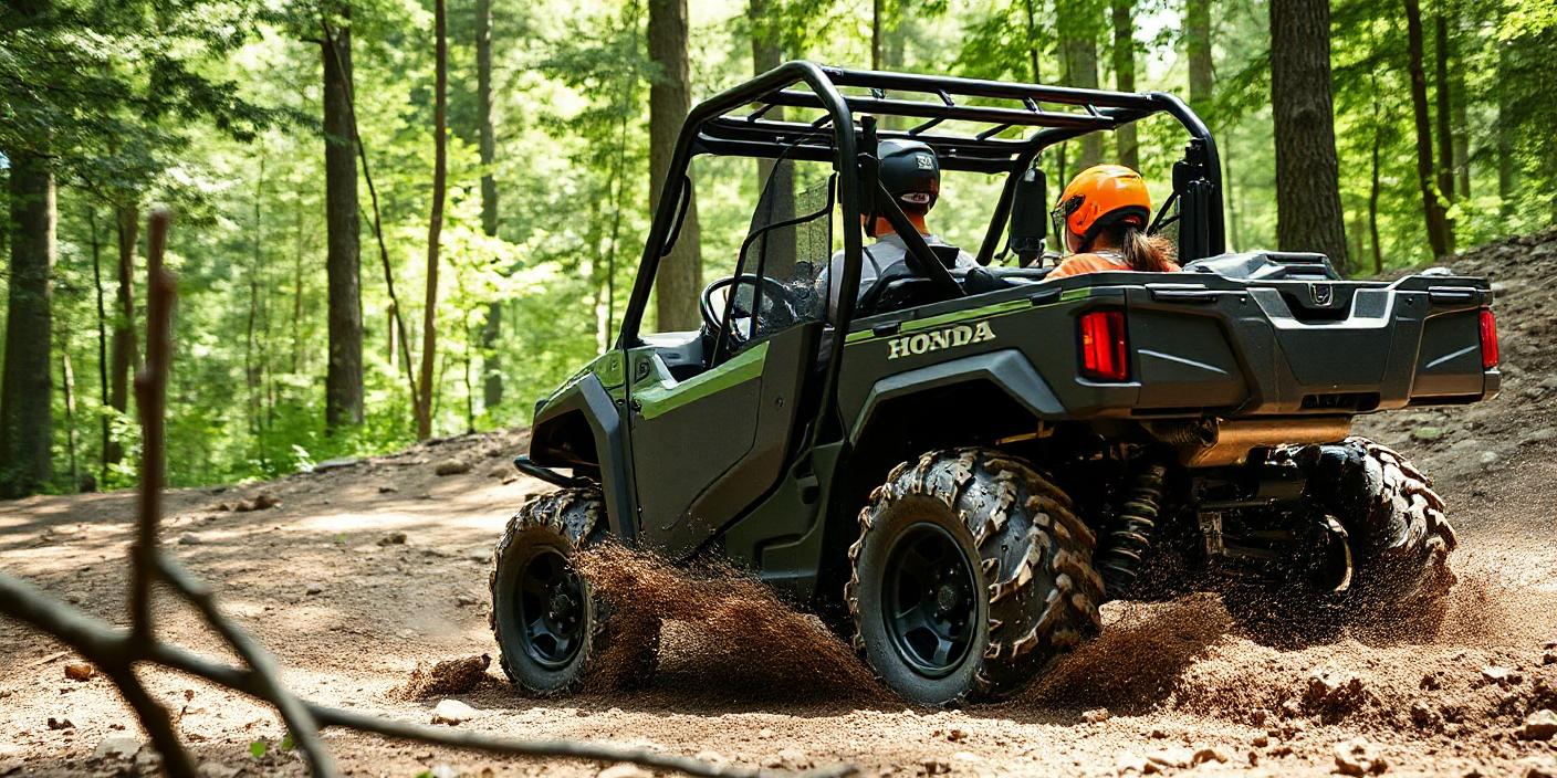 A rugged Honda Pioneer 1000 UTV navigating through a dense
