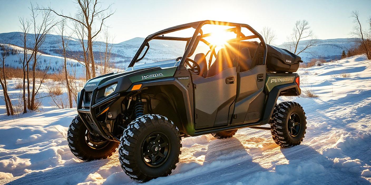 A rugged Honda Pioneer 700-4 UTV is parked on a scenic off-road trail