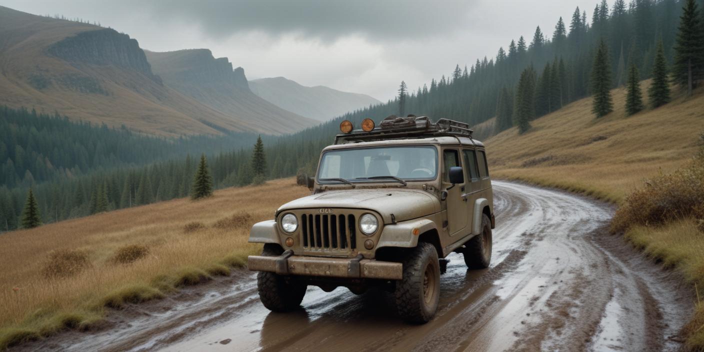A rugged Jeep driving through a mountainous
