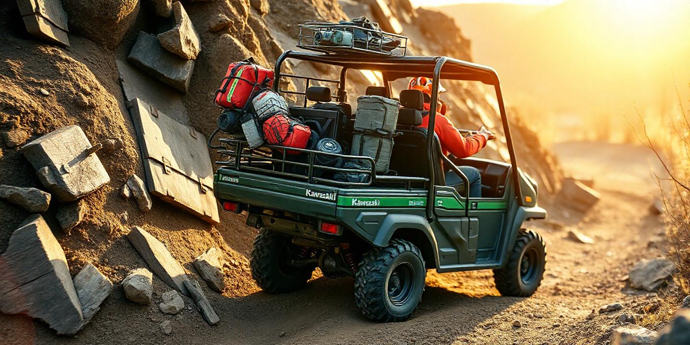 A rugged Kawasaki Mule SX utility vehicle navigating a challenging off-road trail
