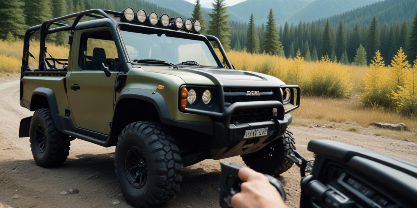 An image depicting a rugged Can-Am Defender off-road vehicle parked in a scenic outdoor environment