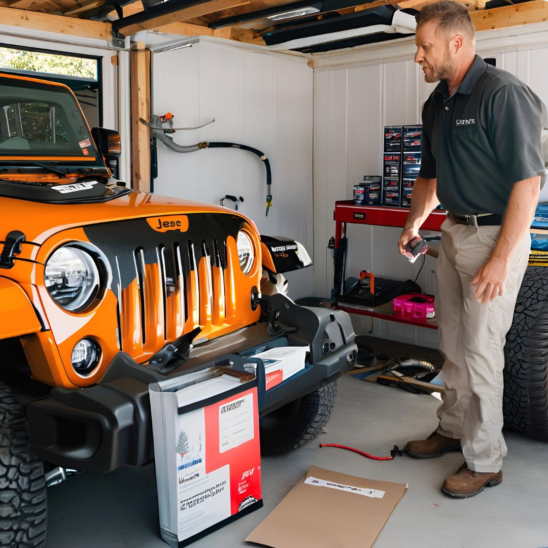 Jeep Wrangler parked in a garage