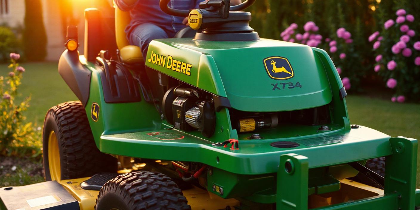John Deere X734 lawn tractor in a well-maintained garden setting