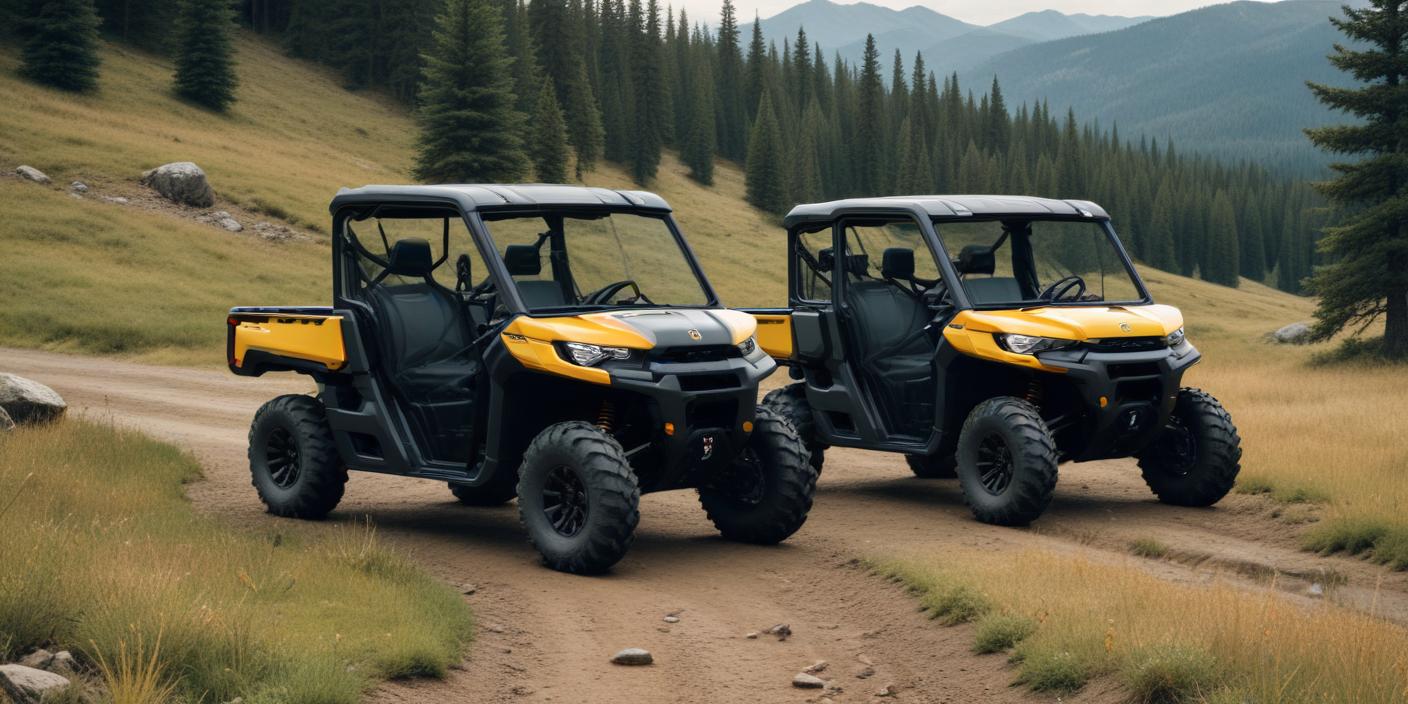 Side-by-side comparison of the Can-Am Defender HD9 and HD10 in rugged terrain.