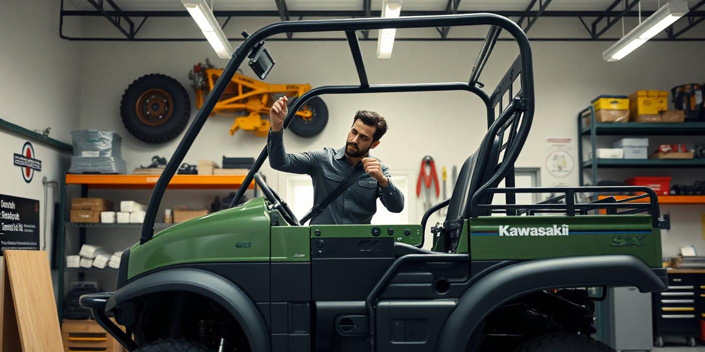 a detailed illustration of a Kawasaki Mule SX utility vehicle in a workshop setting