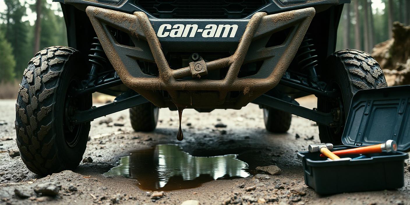 a detailed image of a rugged Can-Am Defender UTV parked on uneven,