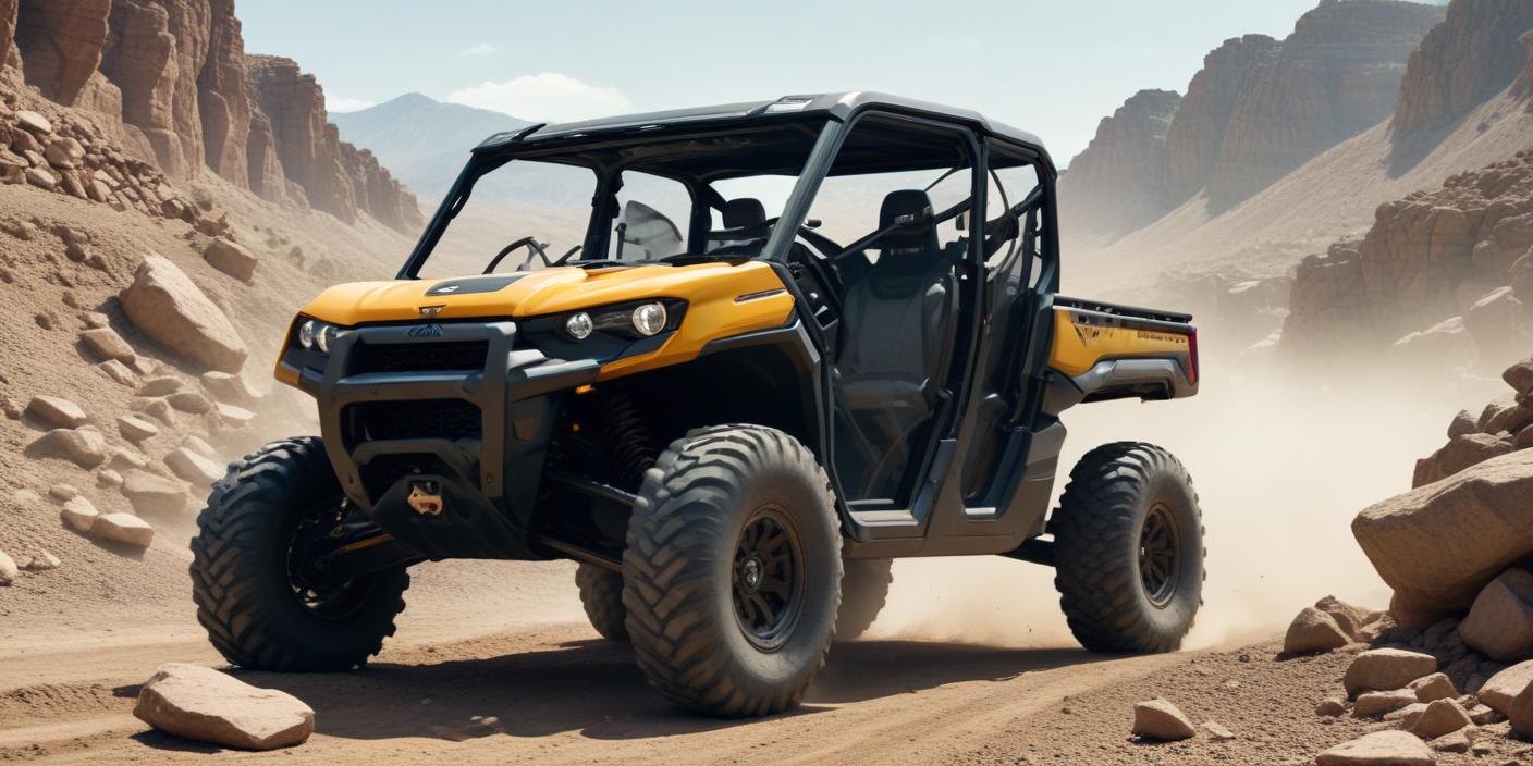 an image of a rugged Can-Am Defender UTV driving through a challenging off-road terrain