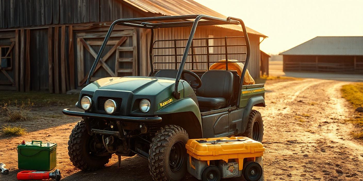 an image of a rugged Kawasaki Mule 2510 utility vehicle parked in a scenic outdoor