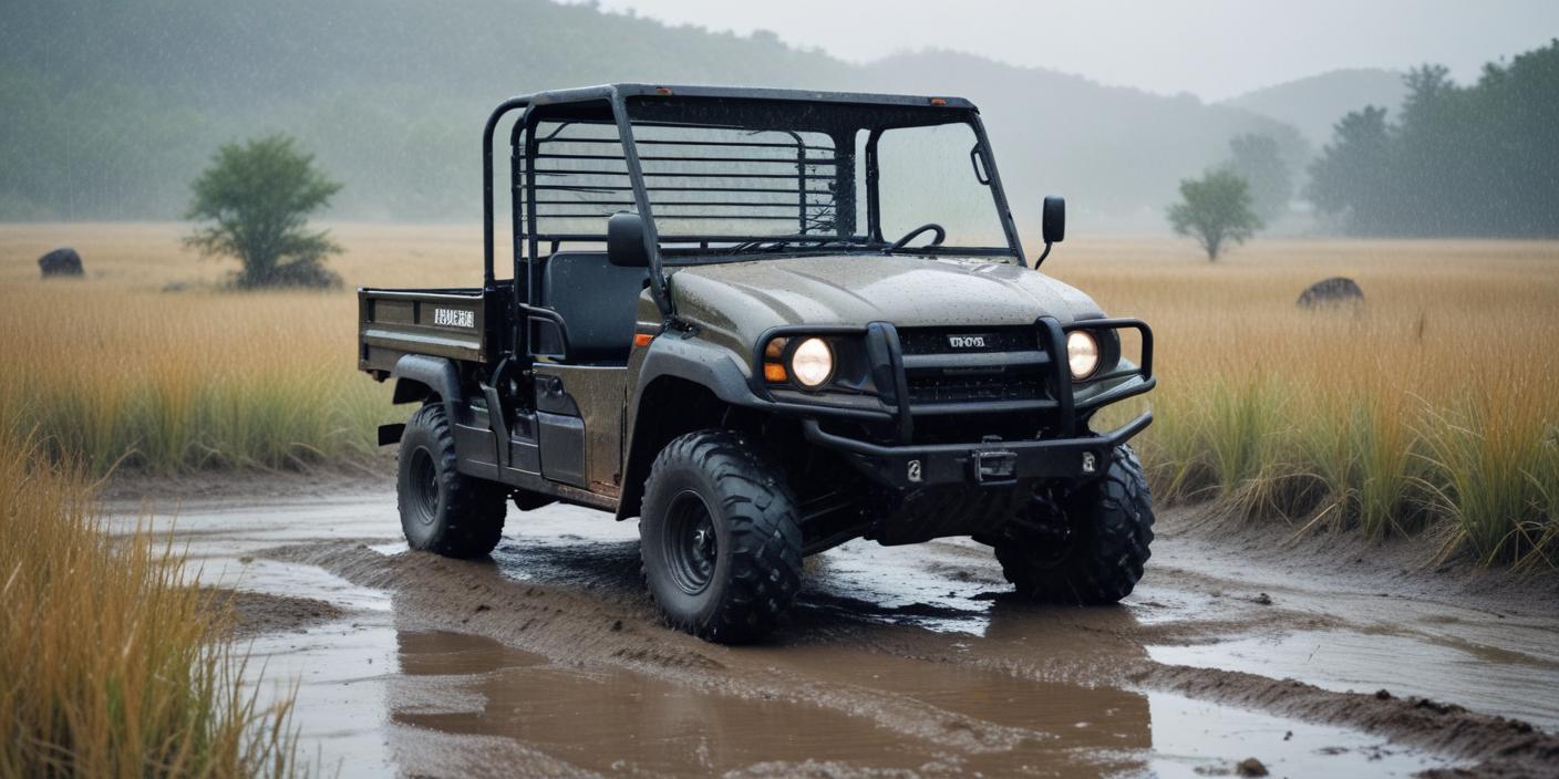 an image of a rugged Kawasaki Mule 4010 utility vehicle parked in a dusty, outdoor setting.