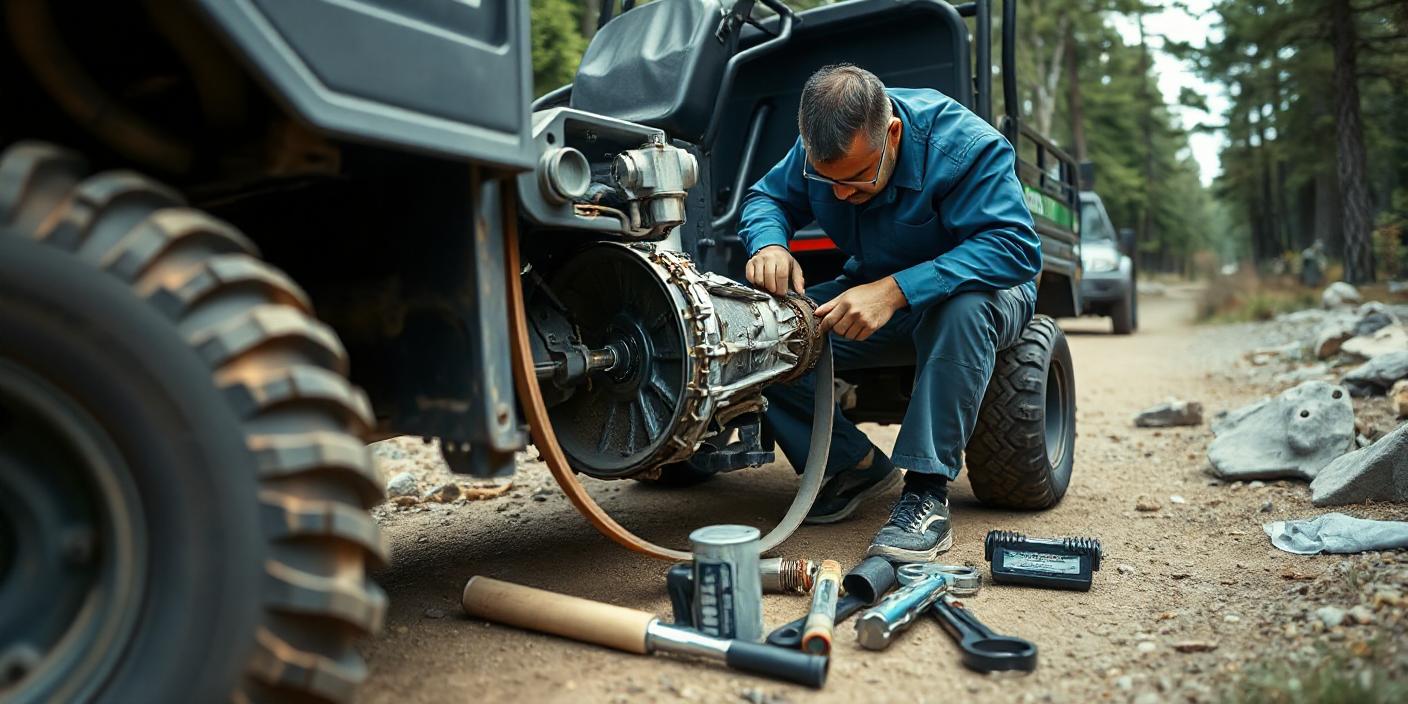 an image of a rugged Kawasaki Mule utility vehicle in an off-road setting