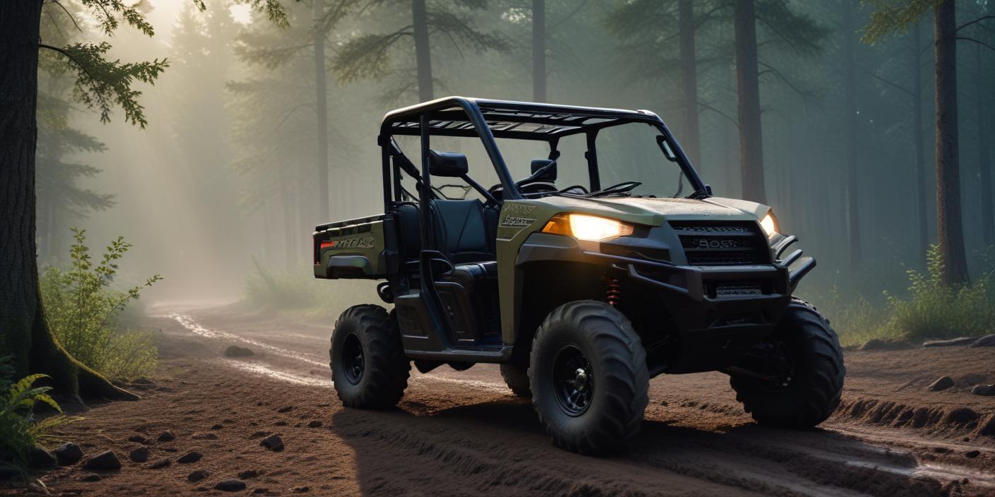 an image of a rugged Polaris Ranger Diesel utility vehicle parked in a remote, wooded area.