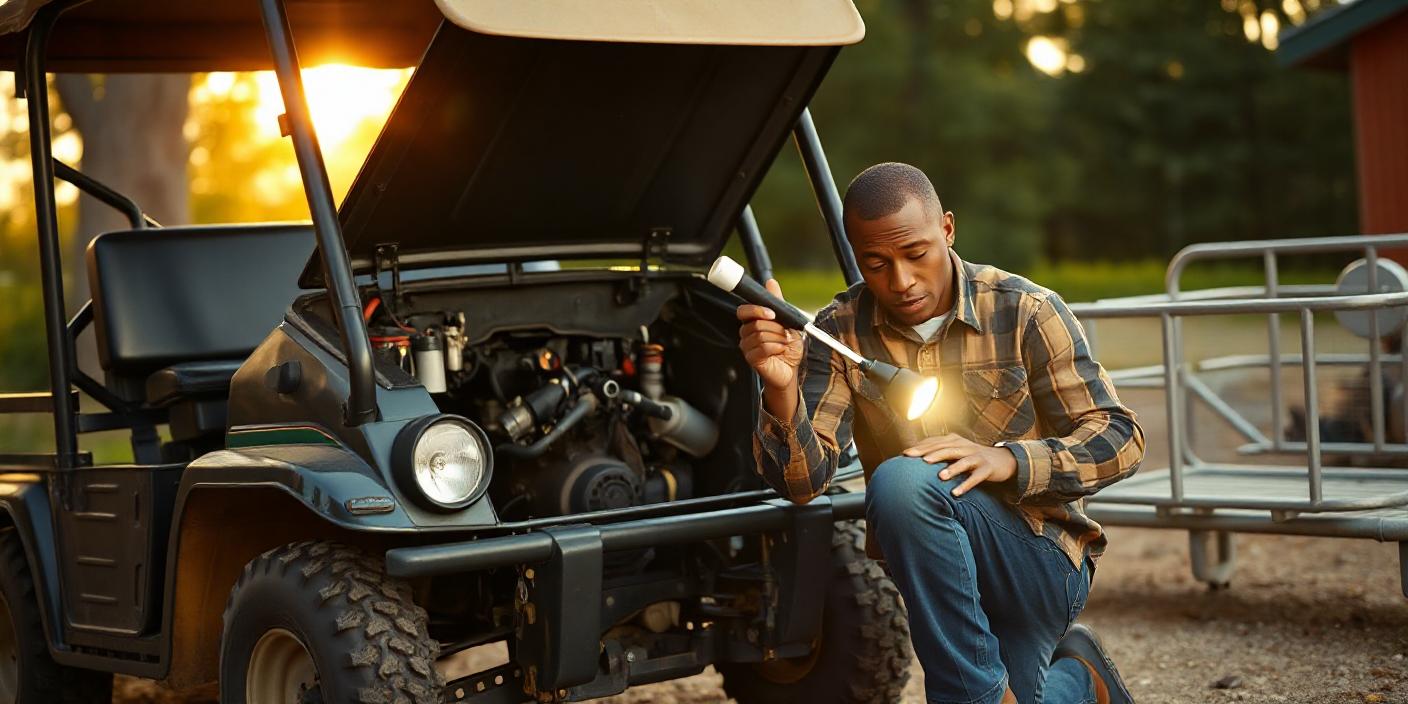 an image showing a Kawasaki Mule utility vehicle parked in a rugged outdoor setting