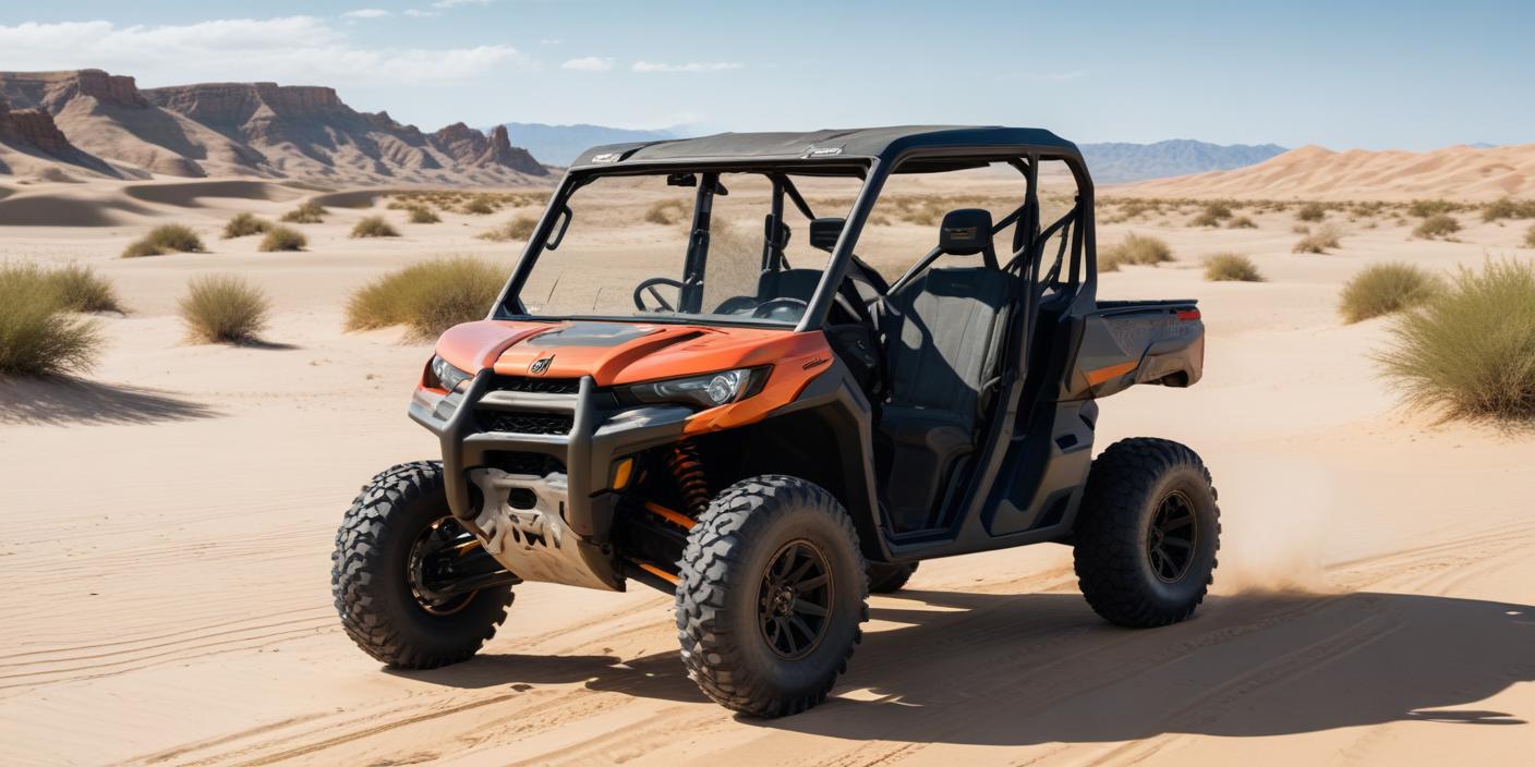 an image showing a rugged Can-Am Defender UTV parked in a scenic
