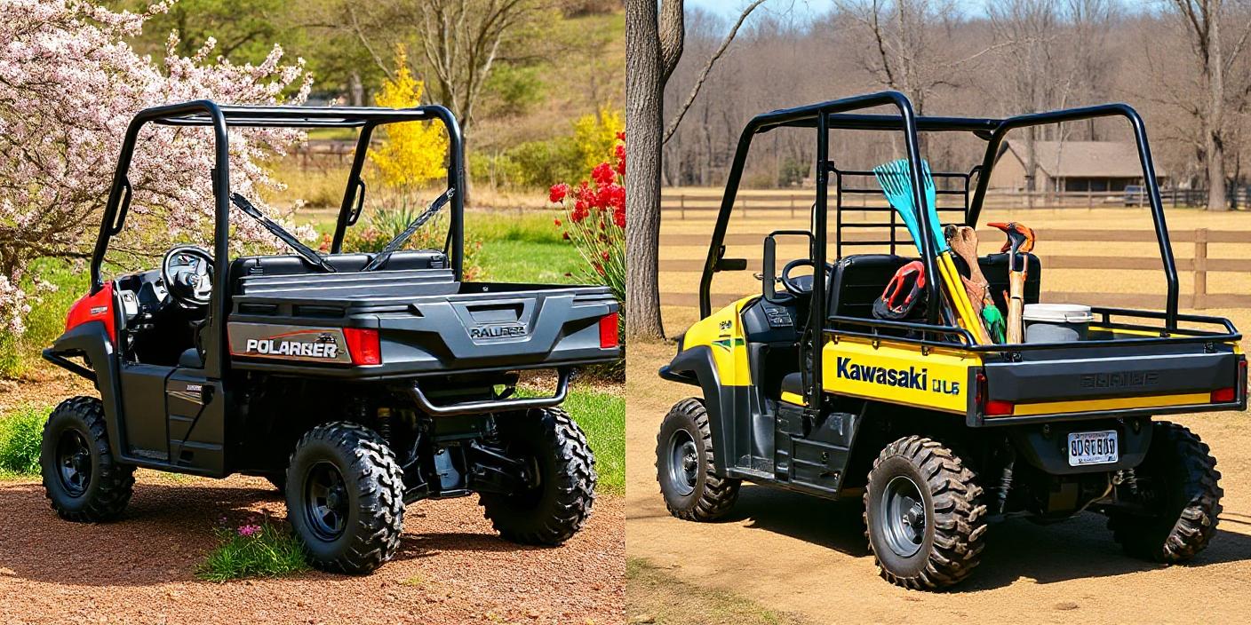 an image showing a side-by-side comparison of the Polaris Ranger and Kawasaki Mule