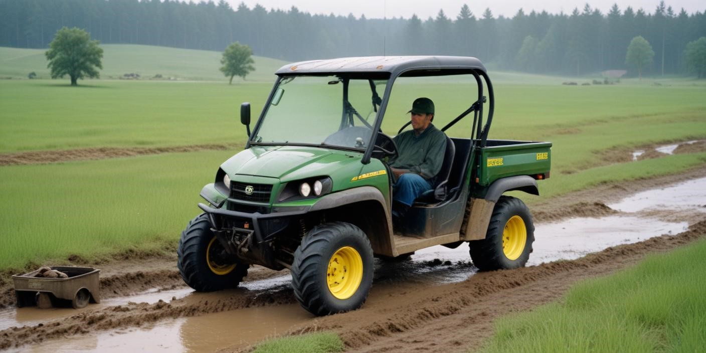 A John Deere Gator 825i utility vehicle parked on a grassy field