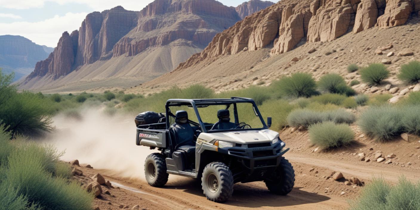 A Polaris Ranger off-road vehicle parked on a rugged dirt trail