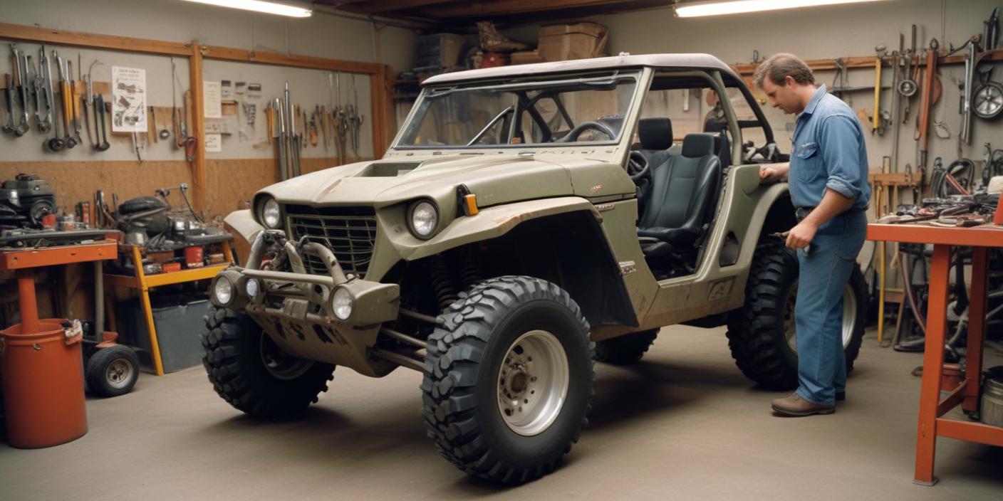 A rugged Can-Am off-road vehicle is shown in a garage setting,