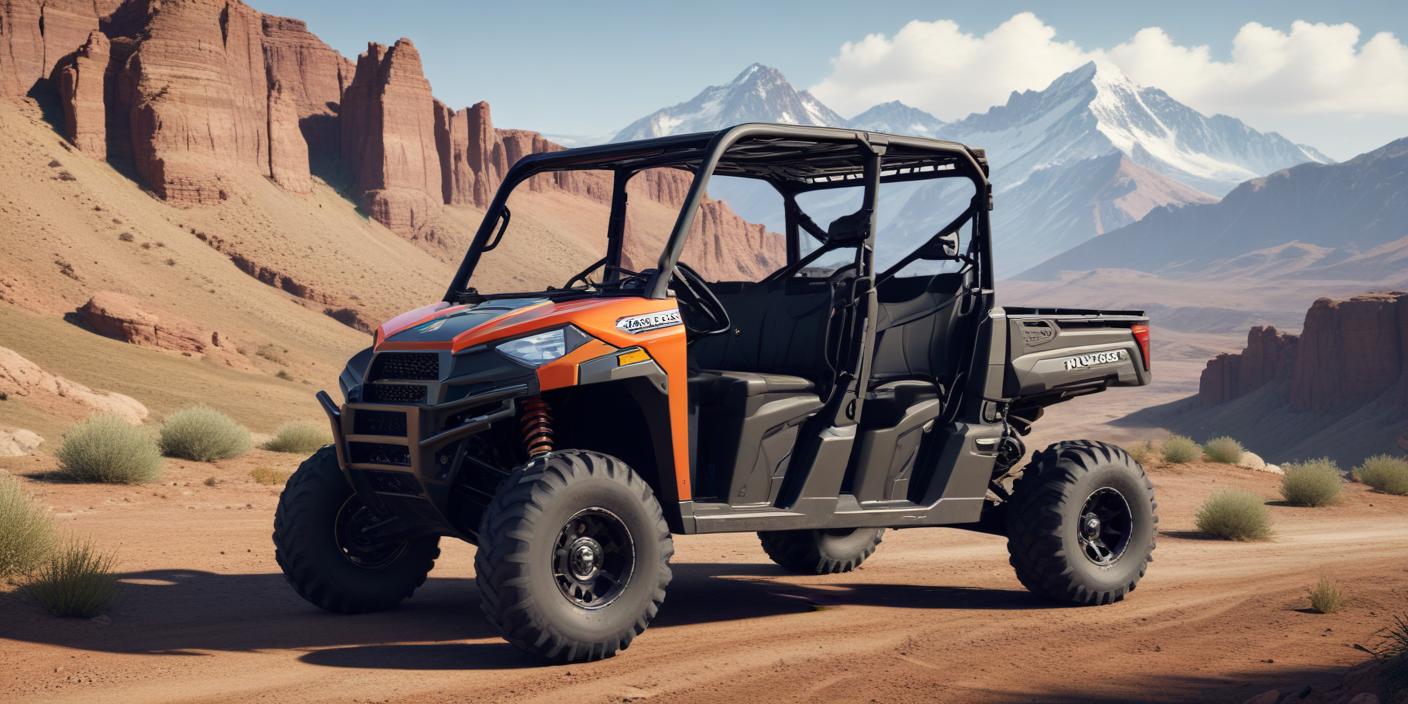 An off-road Polaris Ranger UTV with its hood open, parked in a rugged outdoor setting.