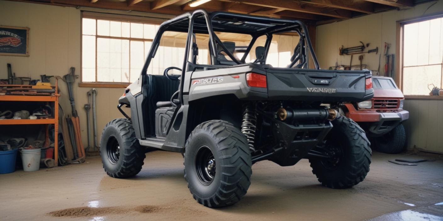 An off-road Polaris Ranger parked in a garage with its undercarriage exposed.