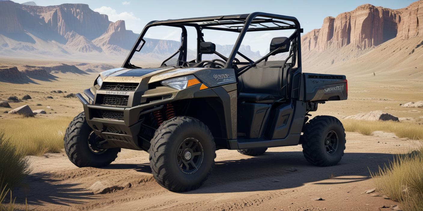 Close-up of a Polaris Ranger 700 XP parked on rugged terrain,