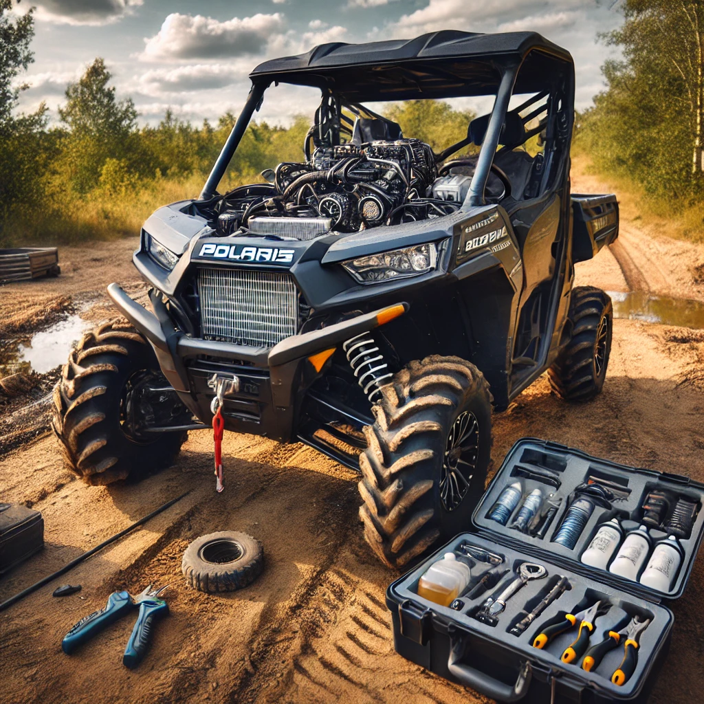 The image represents a Polaris Ranger in a rugged, off-road setting with a mechanic inspecting the vehicle’s cooling system