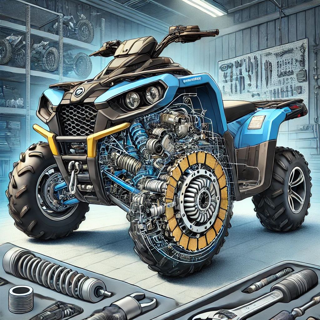 an illustration of a Can-Am Defender ATV with a focus on its clutch system in a workshop setting.