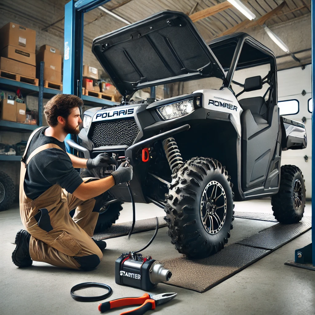 an image of a Polaris Ranger off-road vehicle in a garage with a mechanic inspecting the starter system.