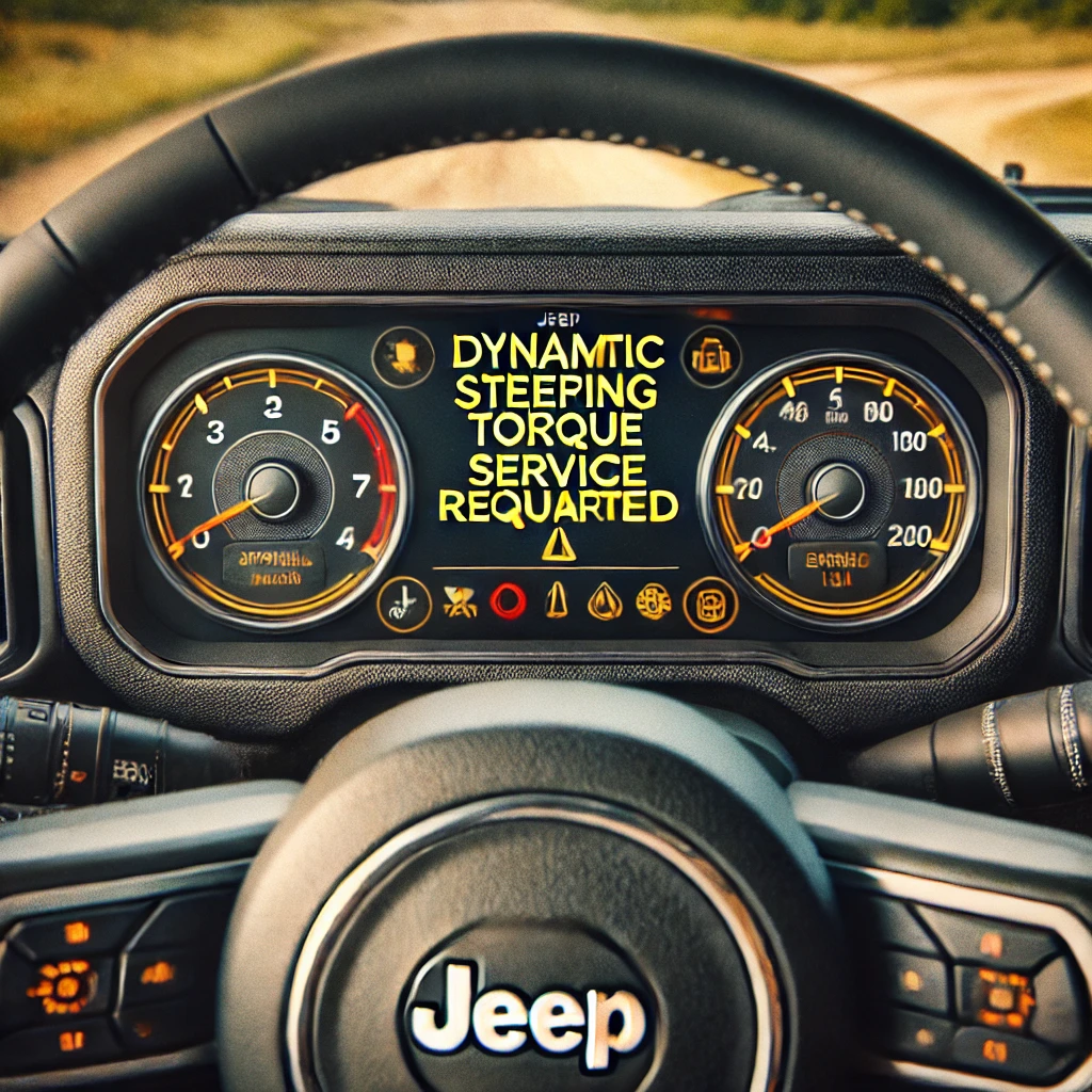 the image of a Jeep dashboard with the Dynamic Steering Torque Service Required warning illuminated.