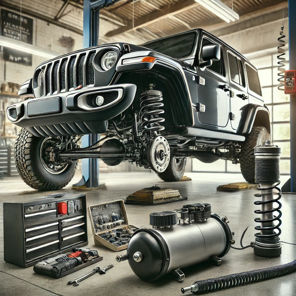 the image of a Jeep in a garage with its air suspension system being inspected.