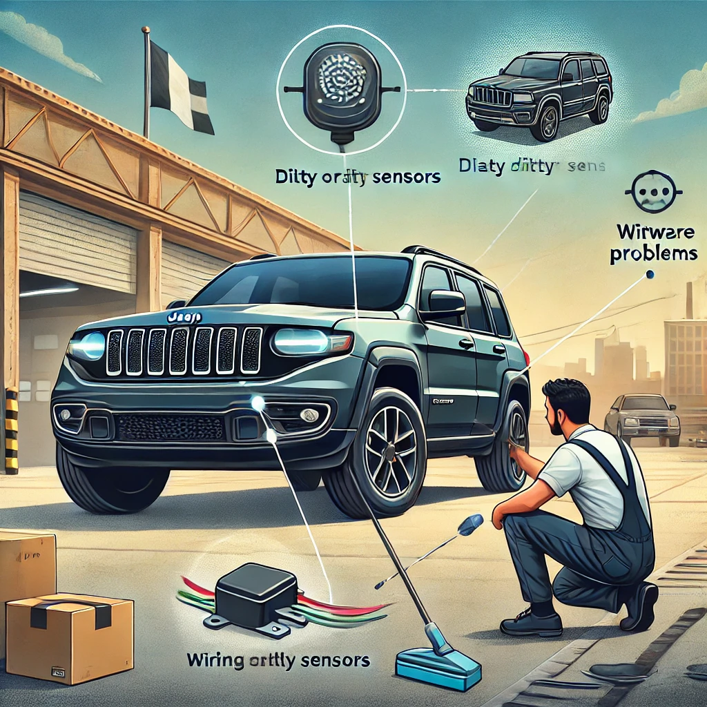 the image of a Jeep with the Park Assist System being inspected and sensors cleaned