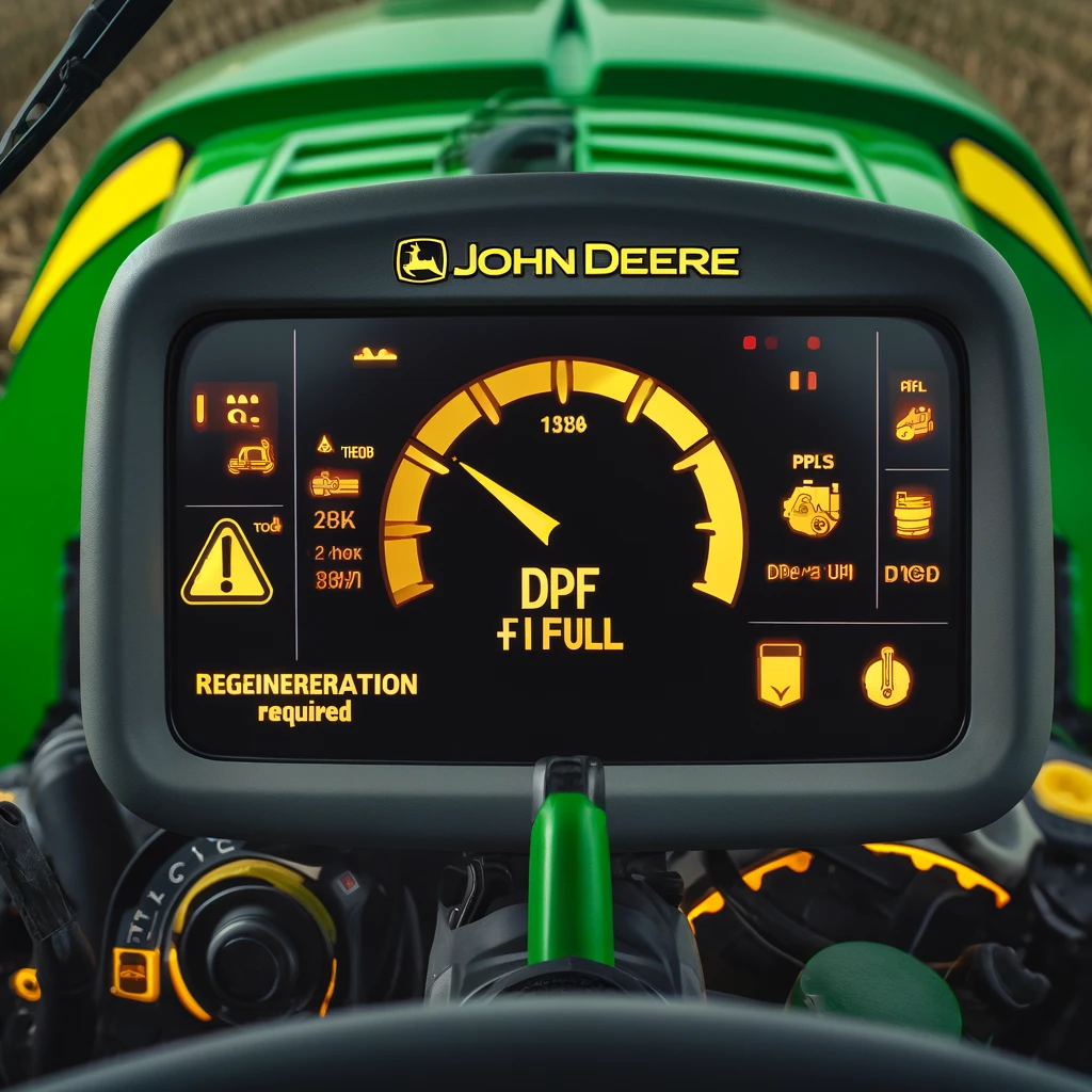 the image of a John Deere tractor showing a Diesel Particulate Filter (DPF) system warning on the dashboard,