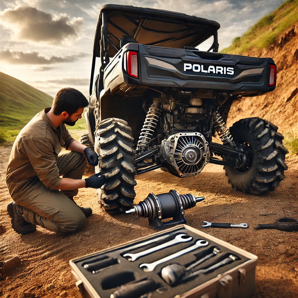 the image of a Polaris Ranger with a mechanic inspecting the rear differential system on rugged terrain.