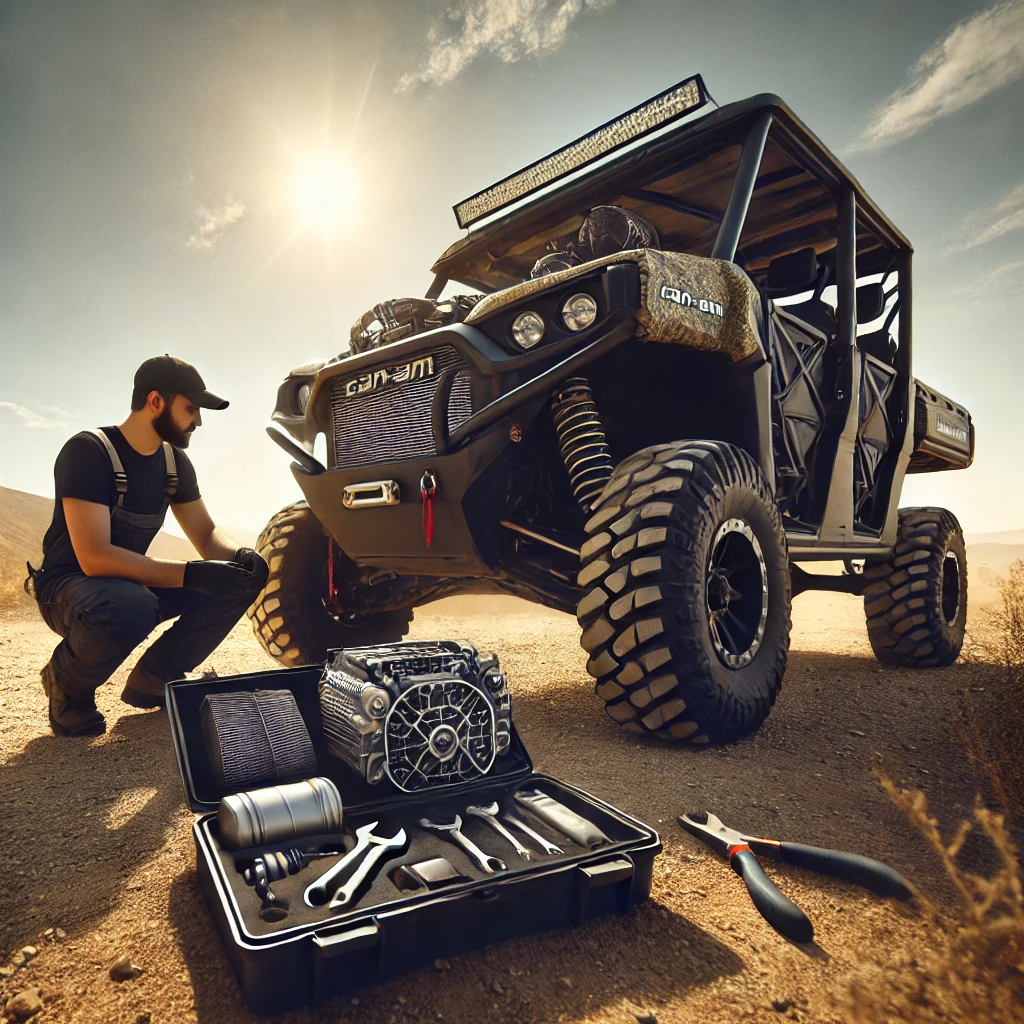 the image of the Can-Am Defender with maintenance being performed on the AC system in an off-road environment.
