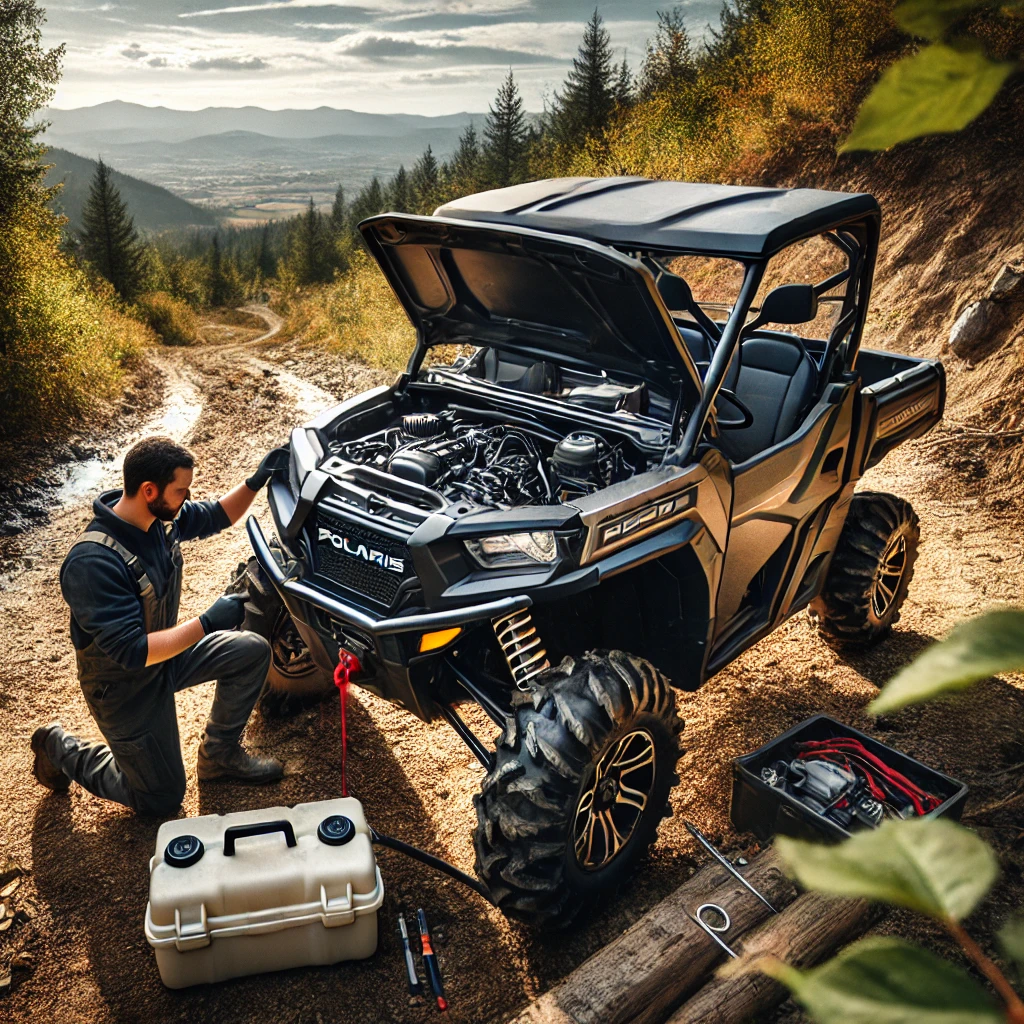 the image of the Polaris Ranger 500 with its hood open, showing the engine and fuel pump