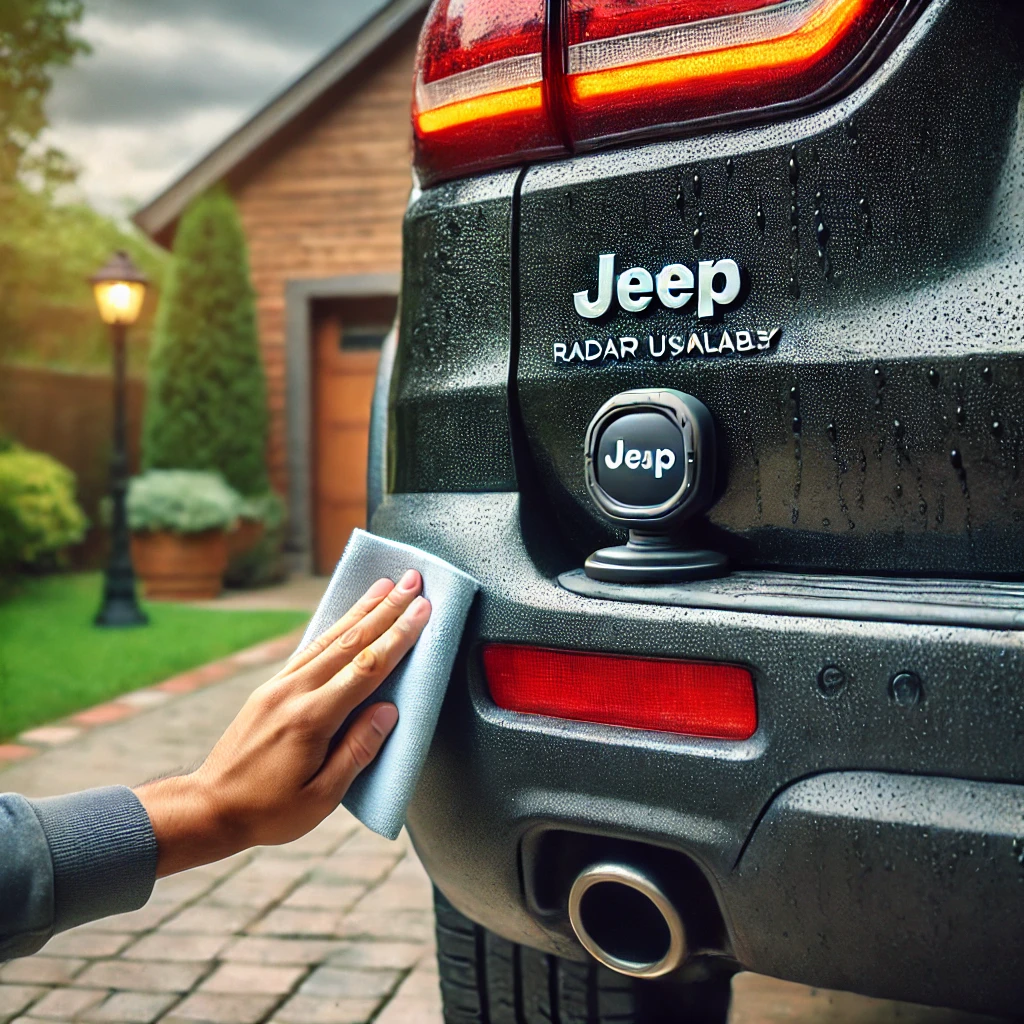 the image representing the Jeep parked with its rear bumper visible, showing clean radar sensors
