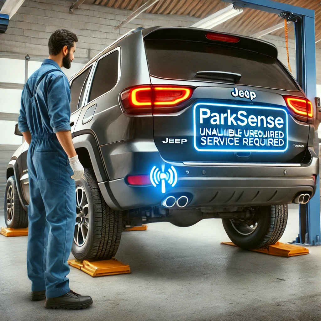 the image showing a Jeep in a garage with a mechanic inspecting the rear bumper sensors