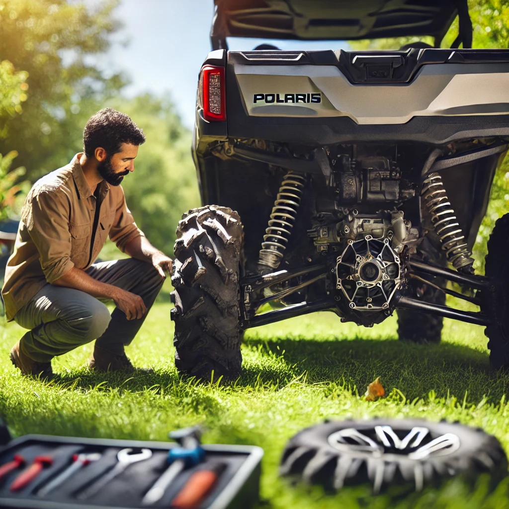 the image showing a Polaris Ranger parked on a grassy lawn with a mechanic inspecting the rear differential and Turf Mode system.